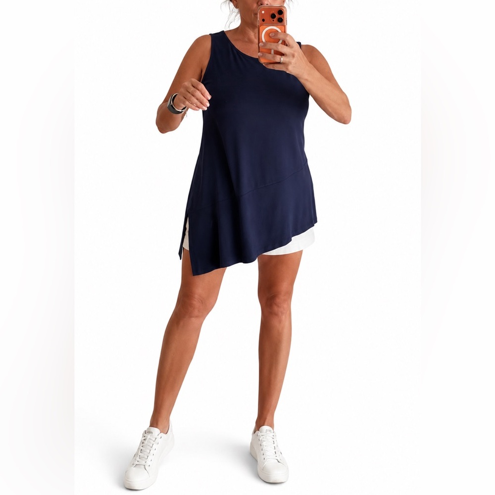 Eileen Fisher Size M Blue Asymmetric Hem Long Tank Top Slit Side NEW